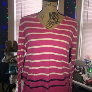 pink and white striped v neck long sleeve